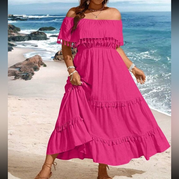 Boho burgundy plus size off shoulder tassel detail maxi dress - Picture 15 of 16